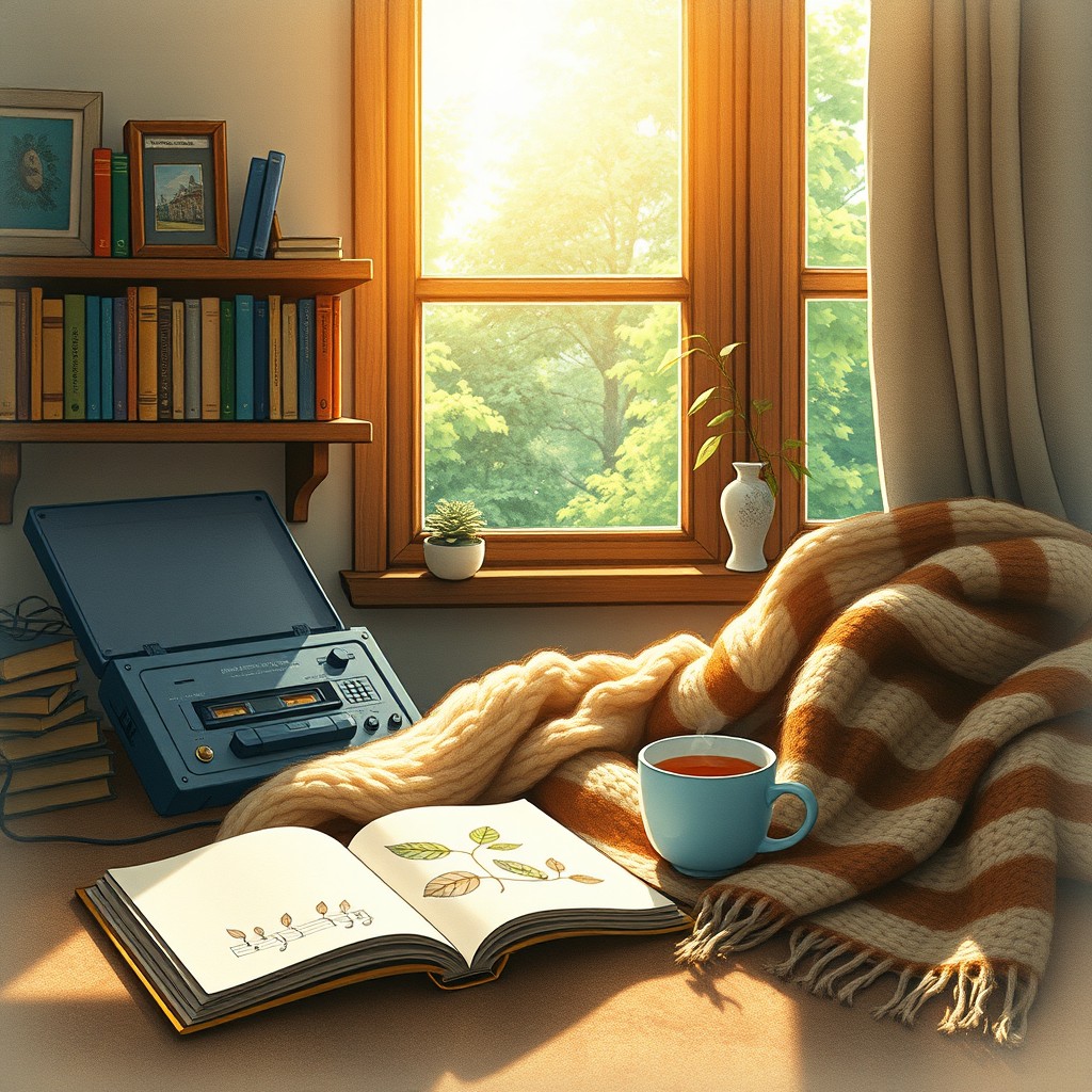 A cozy album cover depicting a music lover's room, softly lit and warm