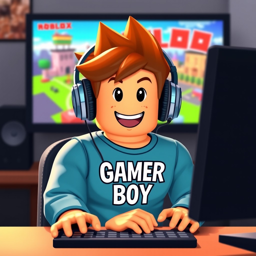 A Roblox character sitting in front of a computer, fully engaged in playing Roblox