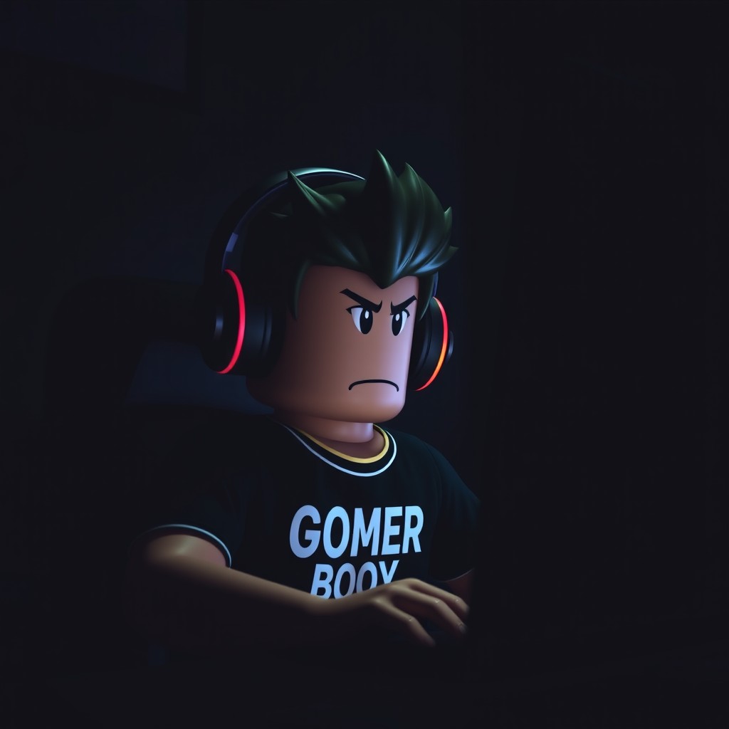A Roblox character sitting at a computer playing Roblox, with a serious expression on their face, indicating deep concentration