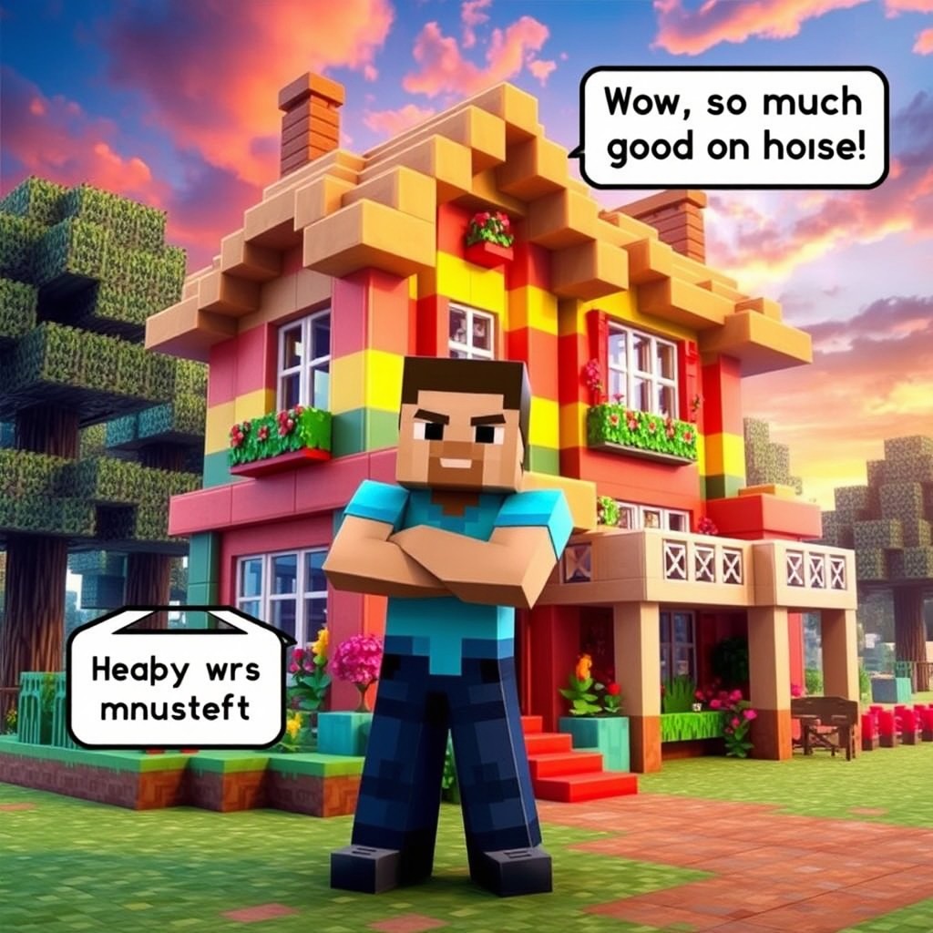 A Minecraft character proudly standing in front of a beautifully constructed house made of colorful blocks, showcasing intricate details like flowers, windows, and a lovely garden