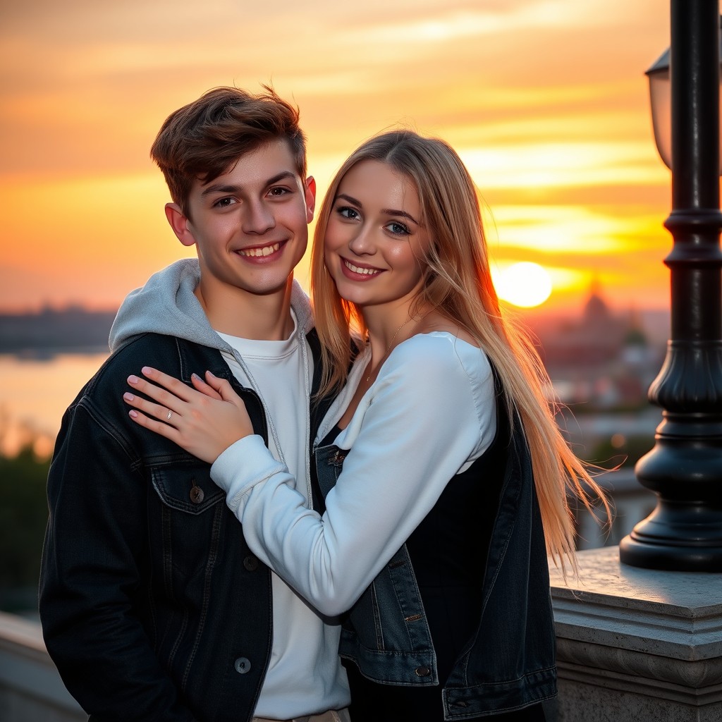 A romantic scene featuring a teenage boy and girl embracing against the backdrop of a beautiful sunset in St