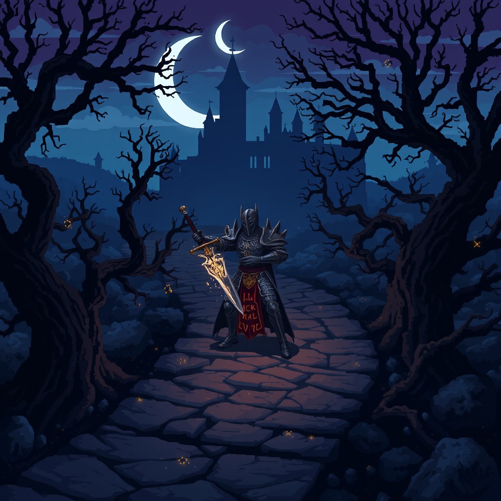 A pixel art depiction of a dark fantasy knight standing on a mystical, winding path