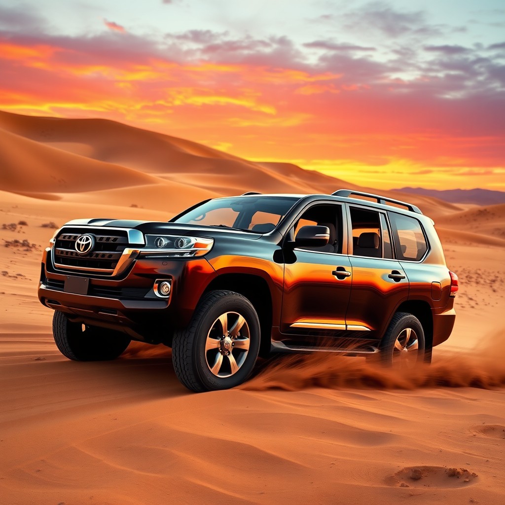 A majestic Toyota Land Cruiser cruising through a rugged desert landscape at sunset, with golden sand dunes in the background and vibrant orange and purple hues in the sky