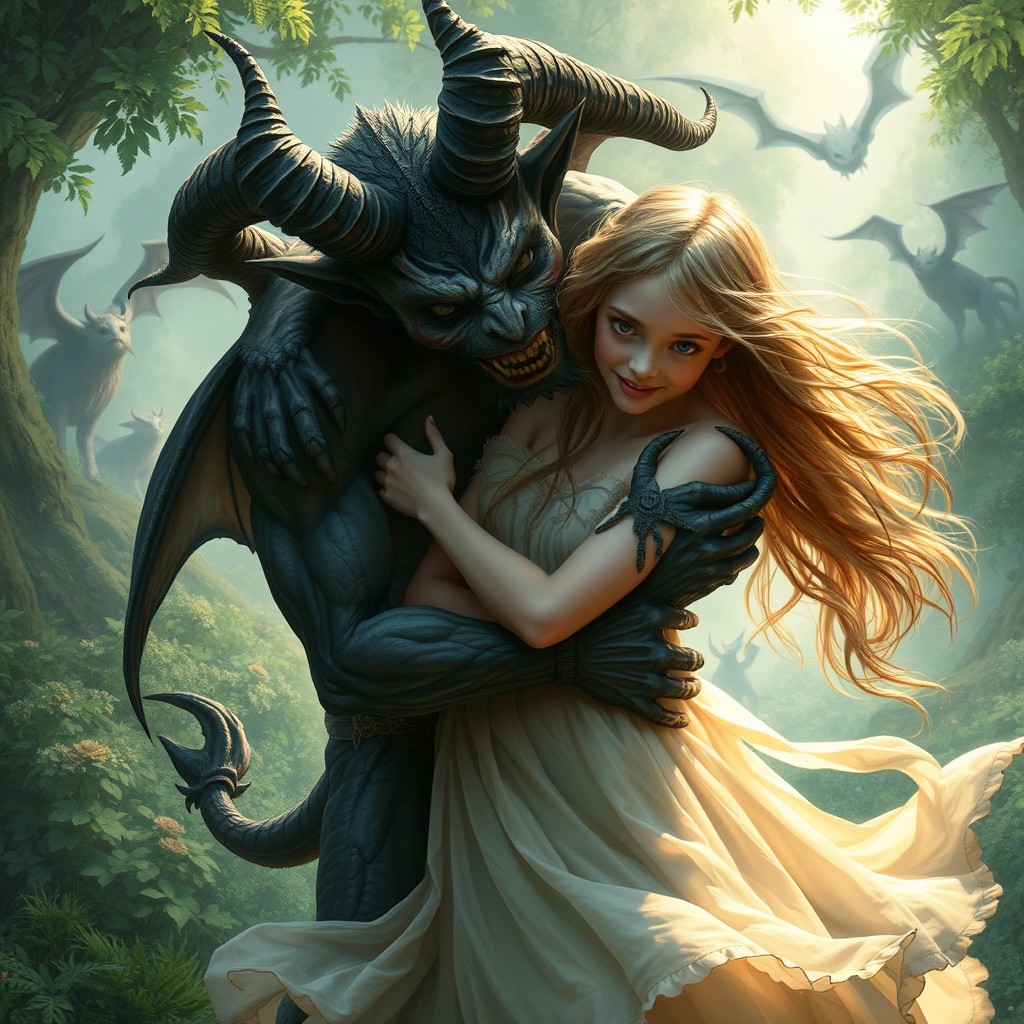 A demon embraces a girl wearing a light, flowing dress, with a cunning look in her eyes