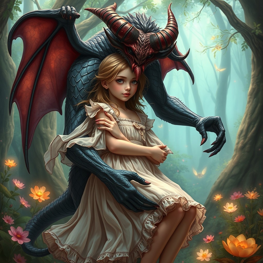 A demon embracing a girl in a light summer dress, showcasing her cunning expression