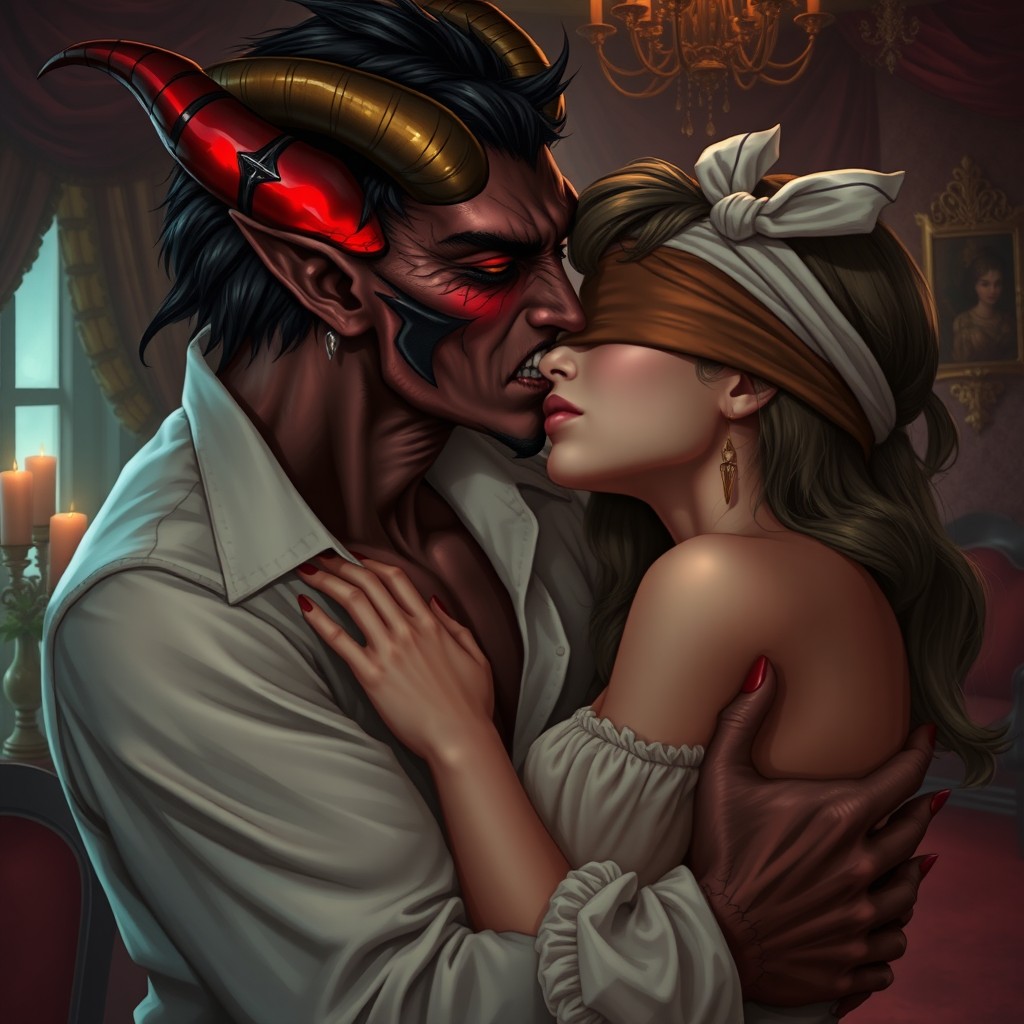 A male demon passionately kisses a girl with her eyes blindfolded, creating an aura of mystery and allure