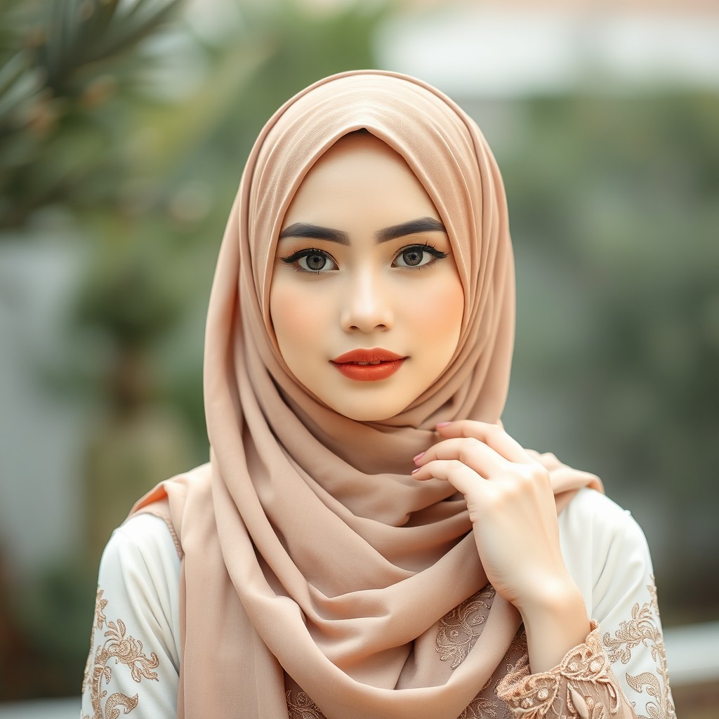 A beautiful woman wearing a traditional tudung labuh, which is a long, flowing headscarf, elegantly arranged around her face