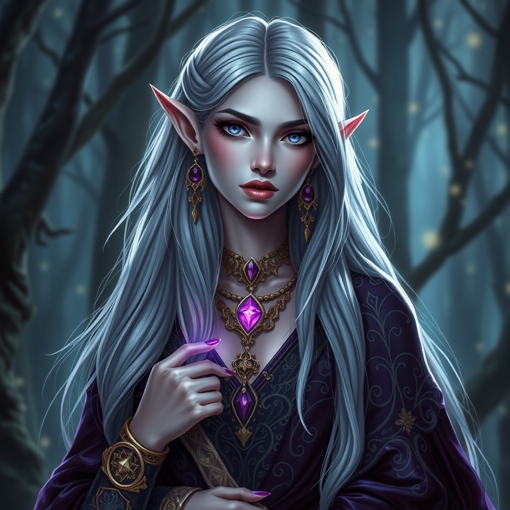 A stunning drow elf mage, depicted with elegant features and pointed ears, dressed in luxurious robes adorned with intricate mystical patterns