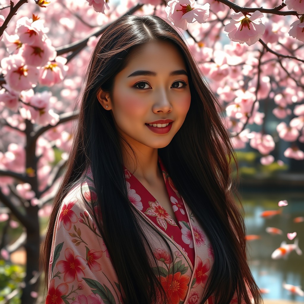 A stunning portrait of an Asian woman with long flowing black hair and radiant skin, wearing a traditional floral kimono