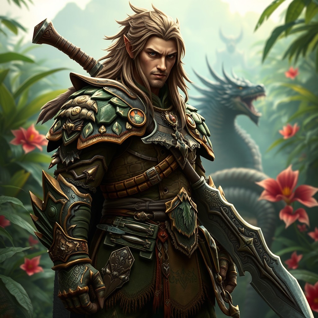 A fierce warrior clad in ornate, intricate armor inspired by the Monster Hunter universe, standing confidently with a massive sword slung over their shoulder