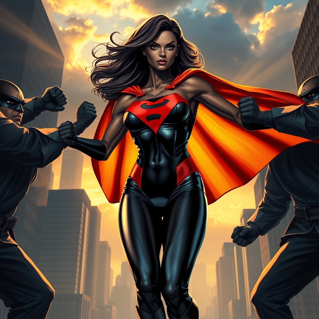 A dynamic scene featuring a stunning black superheroine, dressed in a vibrant, sleek superhero costume with a flowing cape, demonstrating her strength and courage