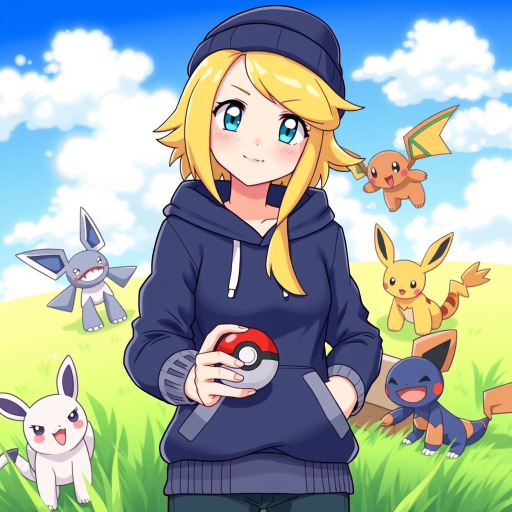 A blonde Pokemon Trainer with striking blue eyes, wearing a stylish navy hoodie and a matching beanie