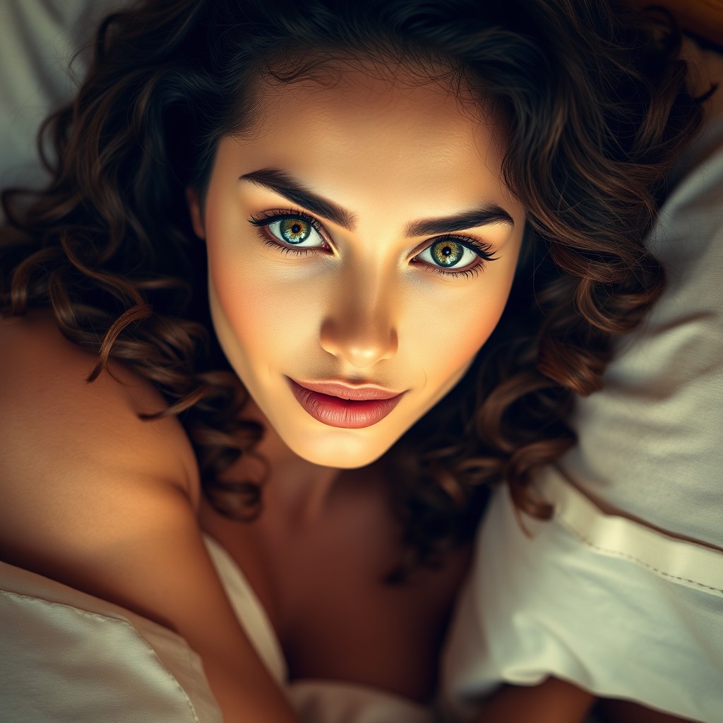 A realistic photo of a beautiful Latina woman with long, curly brown hair, clear green almond-shaped eyes, and softly arched eyebrows