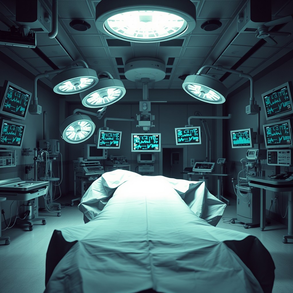 A captivating book cover featuring a detailed and atmospheric surgical operating room as the background
