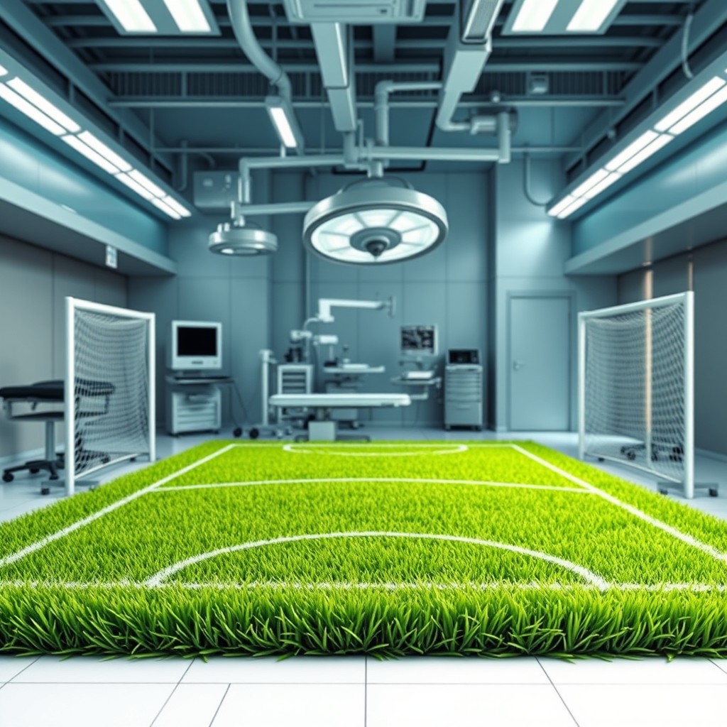 An imaginative book cover that creatively merges a surgical operating room with a vibrant soccer field