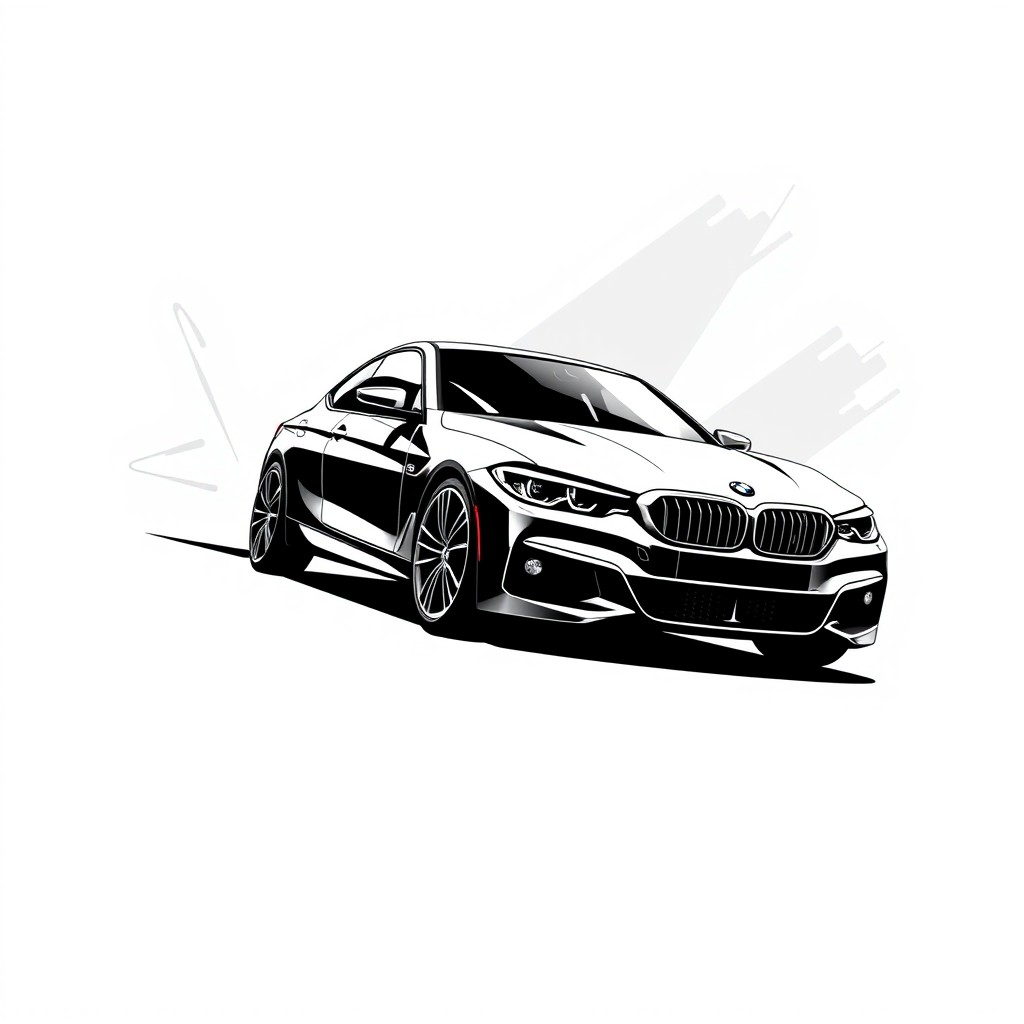 A stylish black and white t-shirt design featuring a sleek BMW car angled to showcase its aerodynamic lines and sporty feel