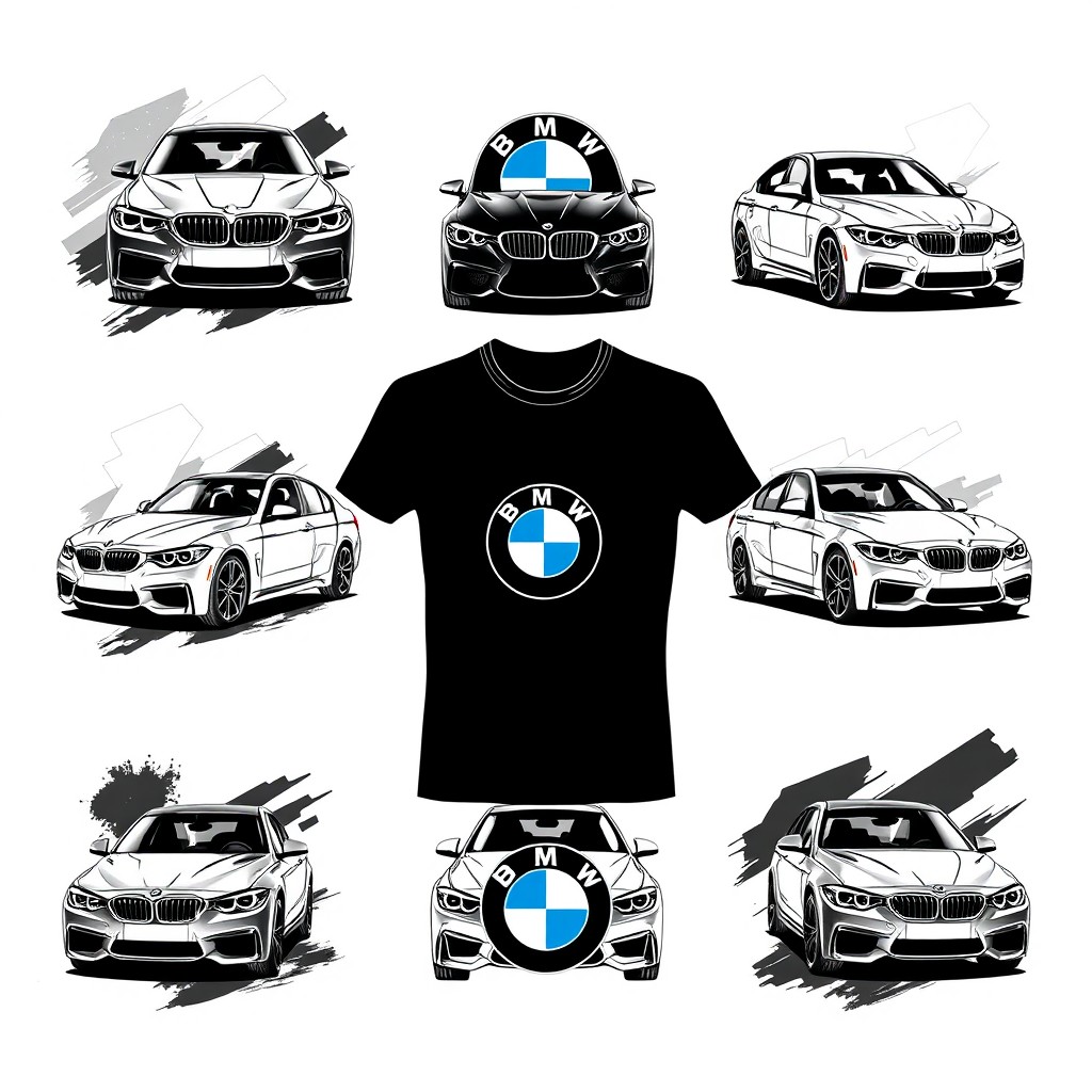 A collection of stylish black and white t-shirt designs featuring various BMW car models