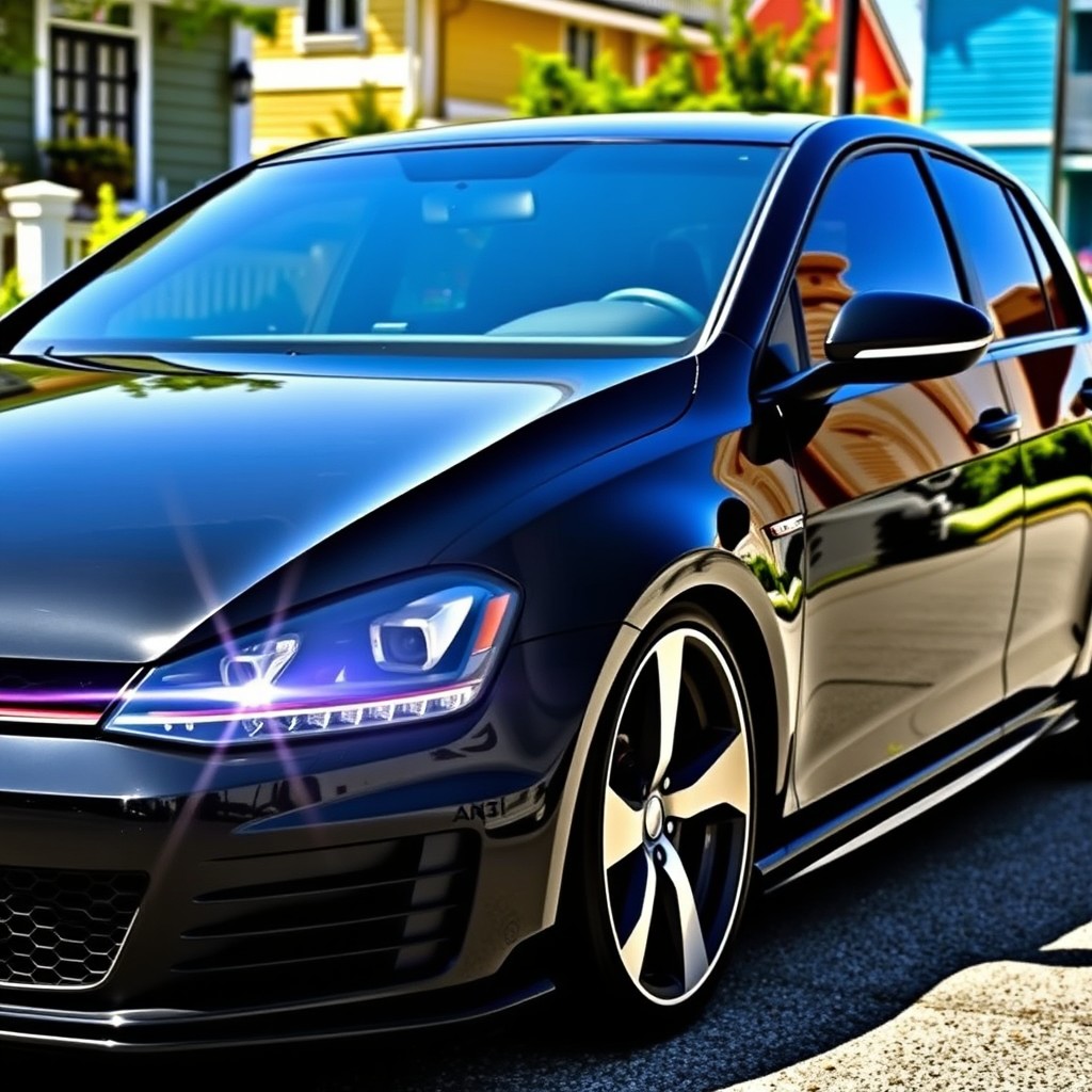 A black lowered Volkswagen Golf GTI parked in a vibrant community setting, showcasing its sleek design and sporty features