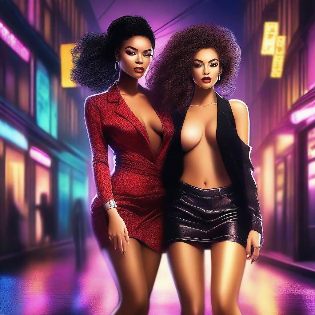 A high-quality digital art image featuring two women in fashionable, tastefully revealing attire