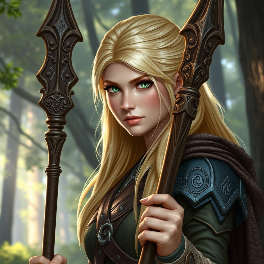 A female elf warrior with beautiful golden blonde hair and striking green eyes