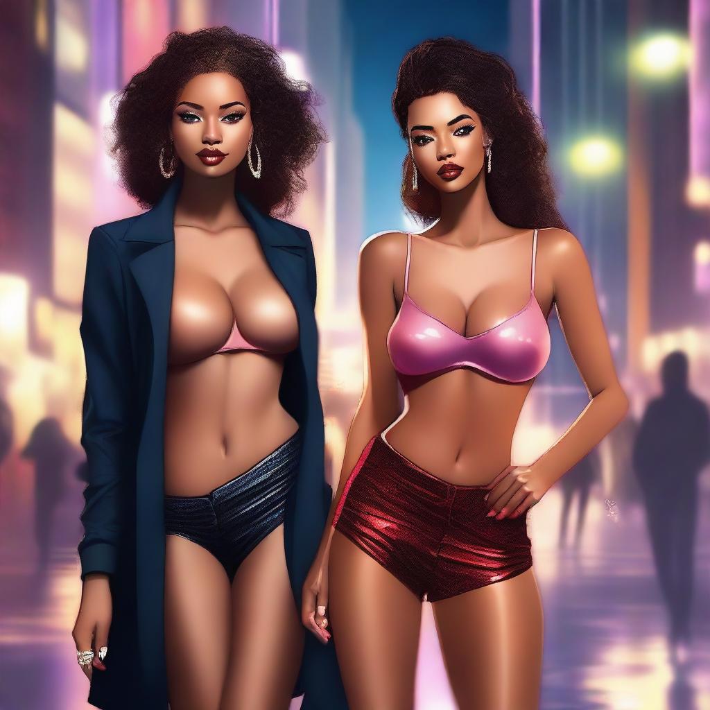 A high-quality digital art image featuring two women in fashionable, tastefully revealing attire