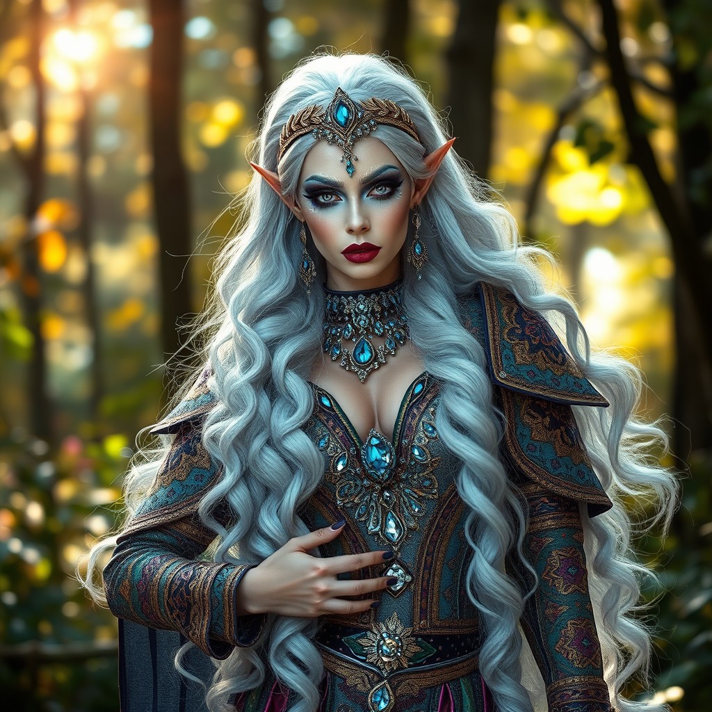 A stunning high elf drag queen with long, flowing silver hair and exquisite makeup, adorned with glittering jewels and elaborate, colorful garments featuring intricate patterns