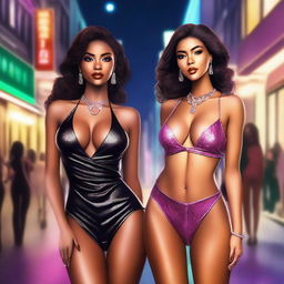 A high-quality digital art image featuring two women in fashionable, tastefully revealing attire