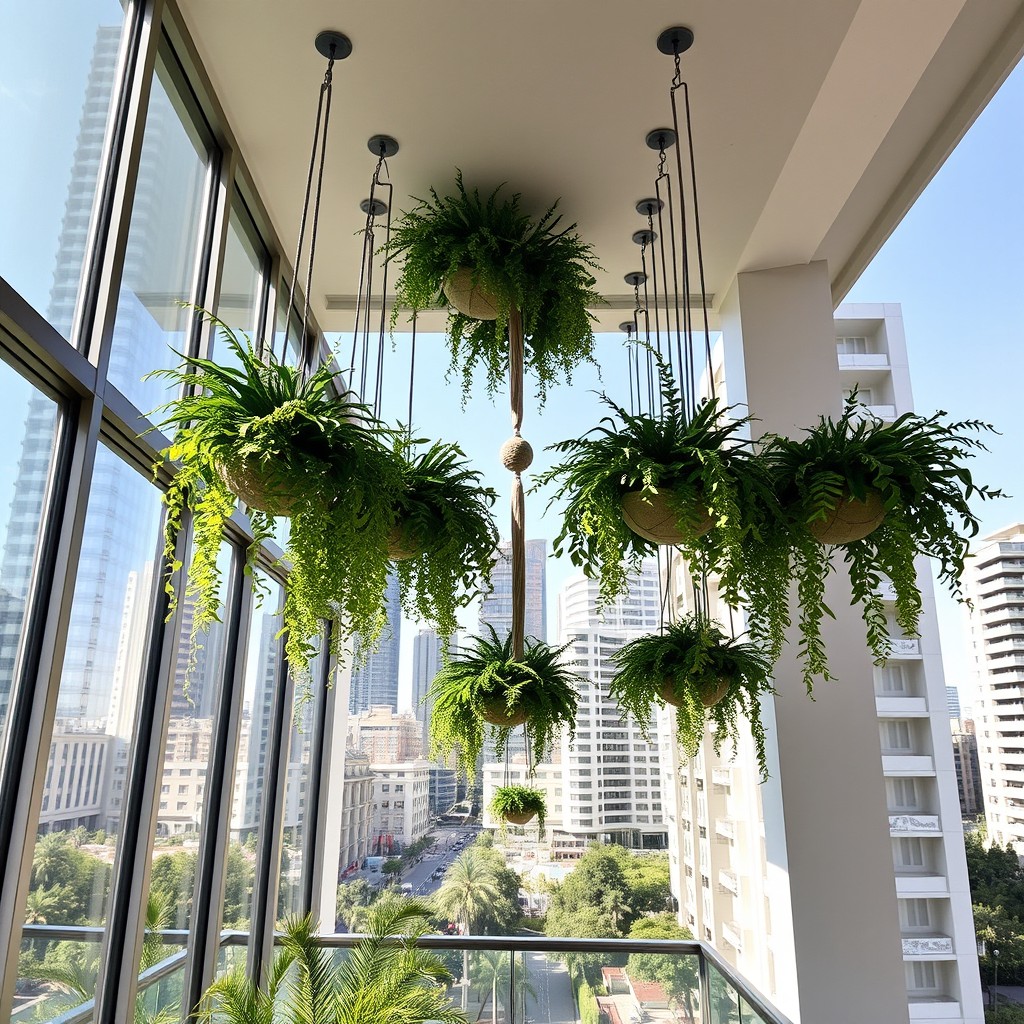 A balcony in a high-rise building located in Puerto Madero, featuring expansive floor-to-ceiling windows that cover the entire front