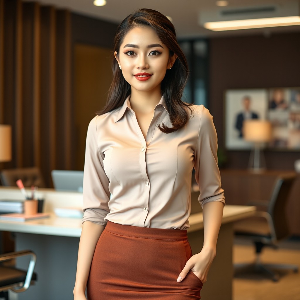 A stunning Asian female office worker, age 27, exuding confidence, dressed in a stylish and form-fitting tight skirt that accentuates her figure