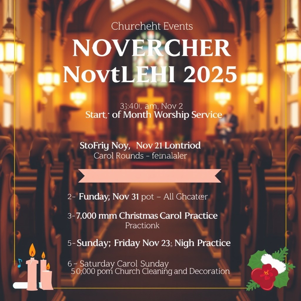 A beautifully designed poster for a church events calendar showcasing the upcoming November 2025 events