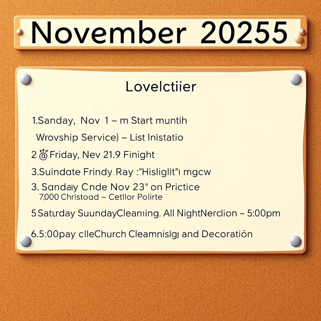 A clean and organized list of church events for November 2025, displayed on a bulletin board style background