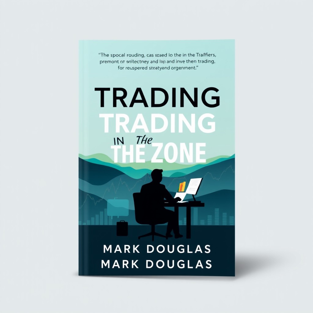 A modern book cover design for 'Trading in the Zone' by Mark Douglas, showcasing a calm yet dynamic atmosphere