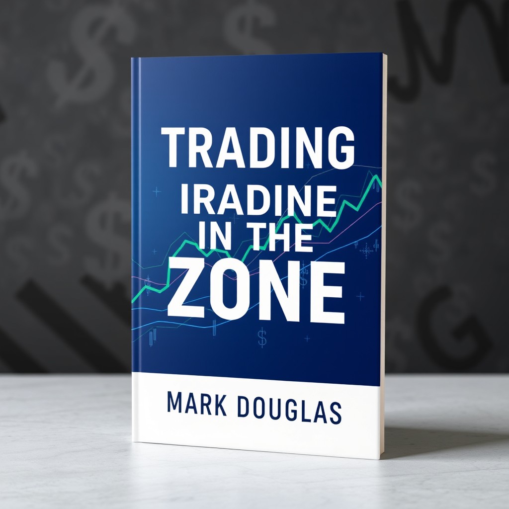 A modern book cover design for 'Trading in the Zone' by Mark Douglas, featuring an abstract illustration of a stock market chart with dynamic lines and trends in blue and green hues