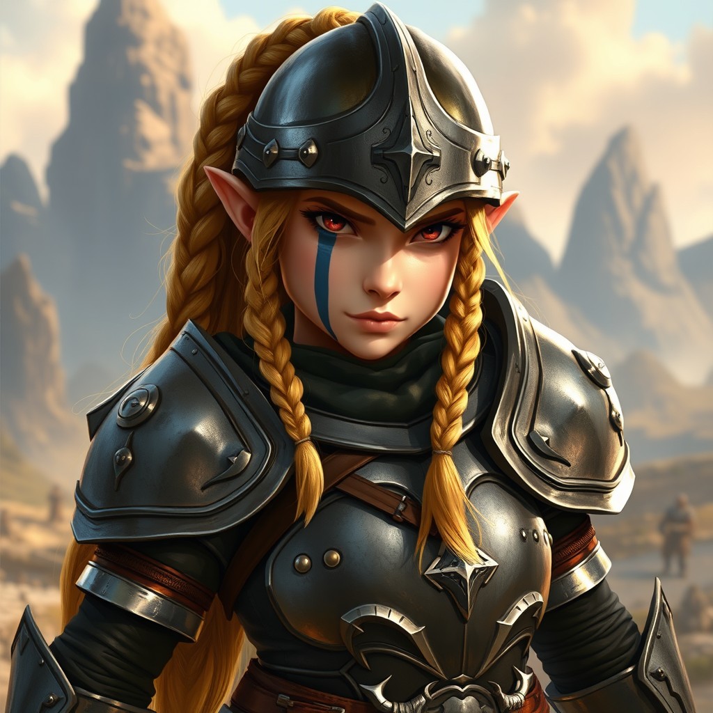 A tall dwarf warrior with a polished armor, sporting a distinctive vertical scar on her left eye