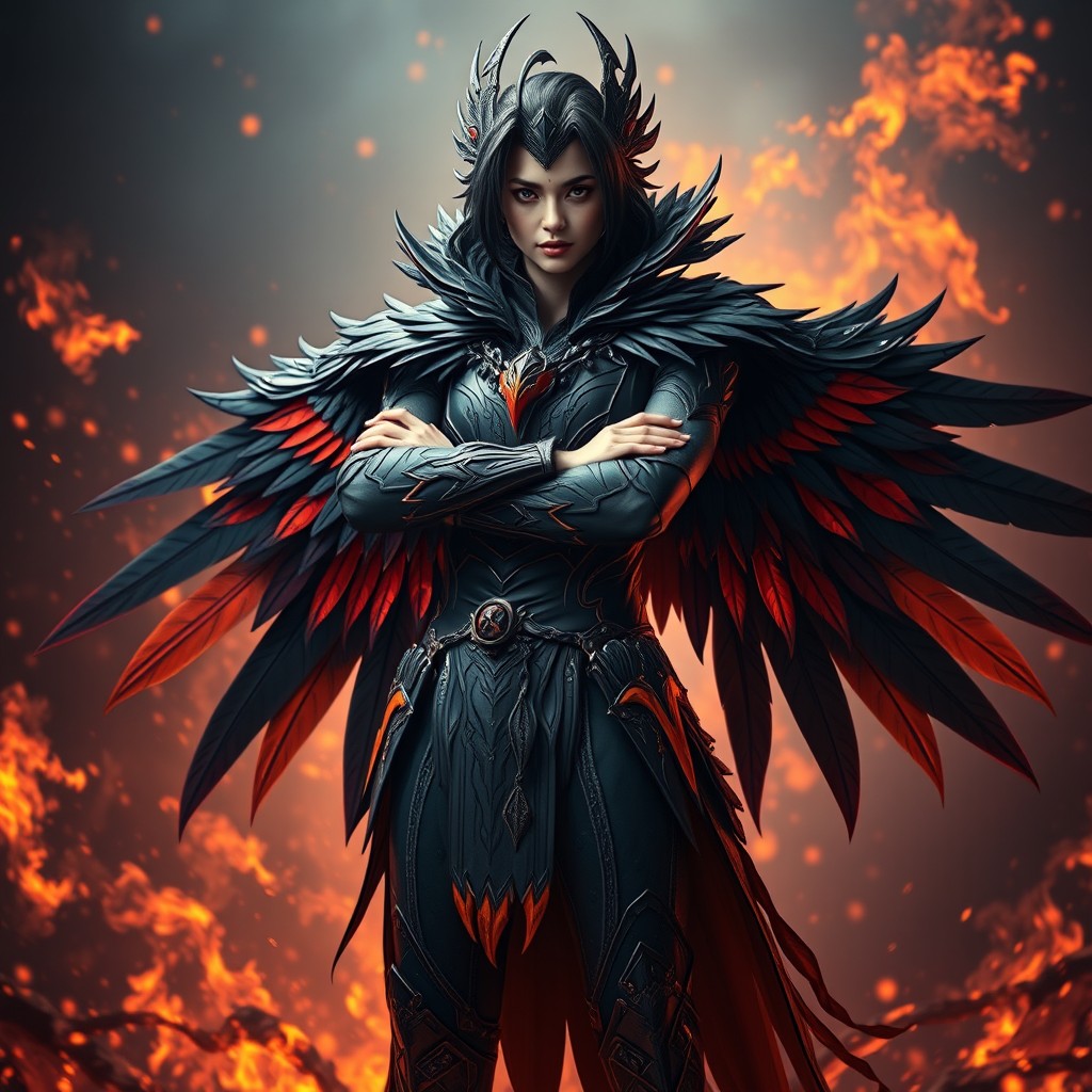 A stunning character in a black badass costume inspired by a phoenix, featuring intricate feather designs and fiery motifs throughout the outfit