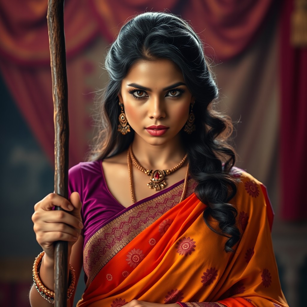 A beautiful and strict-looking woman dressed in a vibrant churidar, holding a stick with a commanding presence