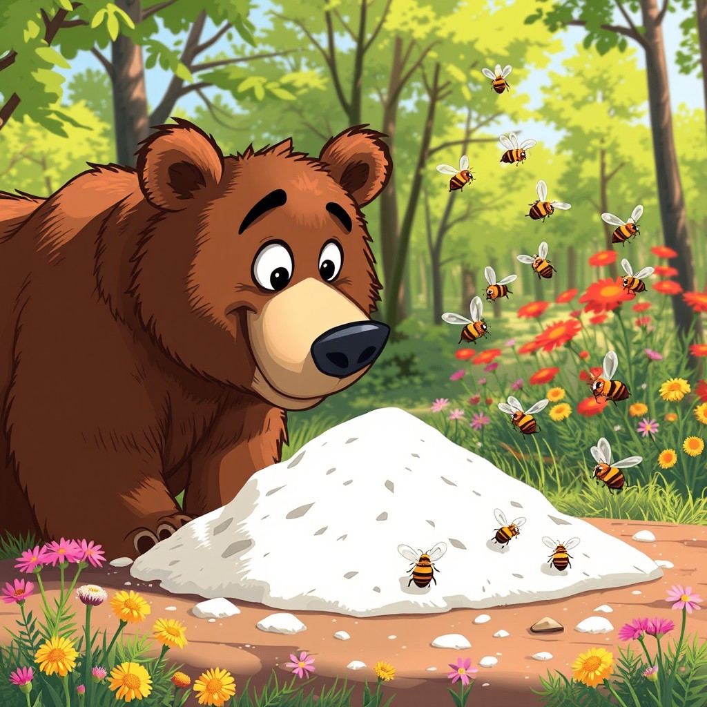A whimsical scene featuring a large brown bear sniffing a pile of flour with curiosity while playfully swatting away a swarm of bees that are buzzing around it