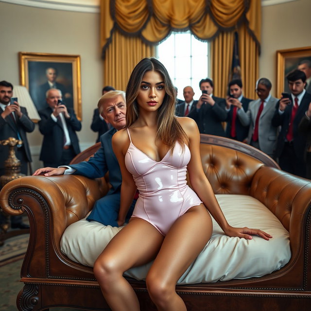 A striking scene featuring an 18-year-old Arabic woman with a stunningly thin and petite figure, characterized by small breasts, a tiny waist, and very wide hips