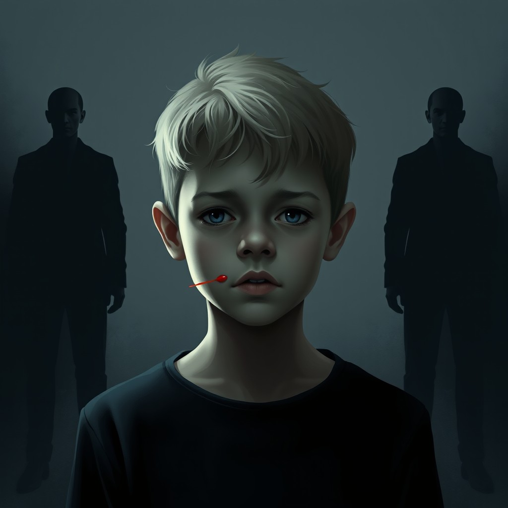 A 2D book cover design featuring the central figure of Louis, whose face is partially obscured and slightly lifted with an expression of innocent fear