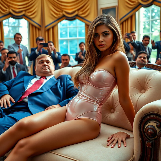An alluring scene set in the Oval Office featuring an 18-year-old Arabic woman with a captivating thin and petite figure, defined by small breasts, a tiny waist, and very wide hips