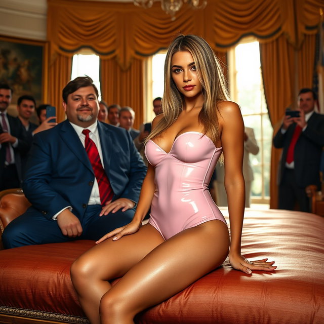 An alluring scene set in the Oval Office, showcasing an 18-year-old Arabic woman with an enchanting thin and petite physique, defined by small breasts, a tiny waist, and very wide hips