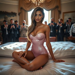 A stunning 18-year-old Arabic woman with an enchanting thin and petite figure, characterized by small breasts, a tiny waist, and very wide hips