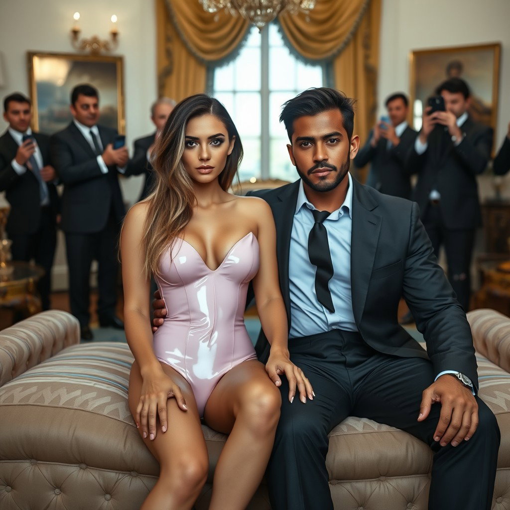 In a luxurious Oval Office, an 18-year-old Arabic woman with a captivating thin and petite figure is the focal point of the scene