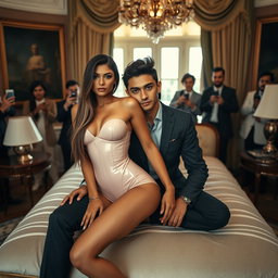 In a luxurious Oval Office, an 18-year-old Arabic woman with a captivating thin and petite figure is the focal point of the scene