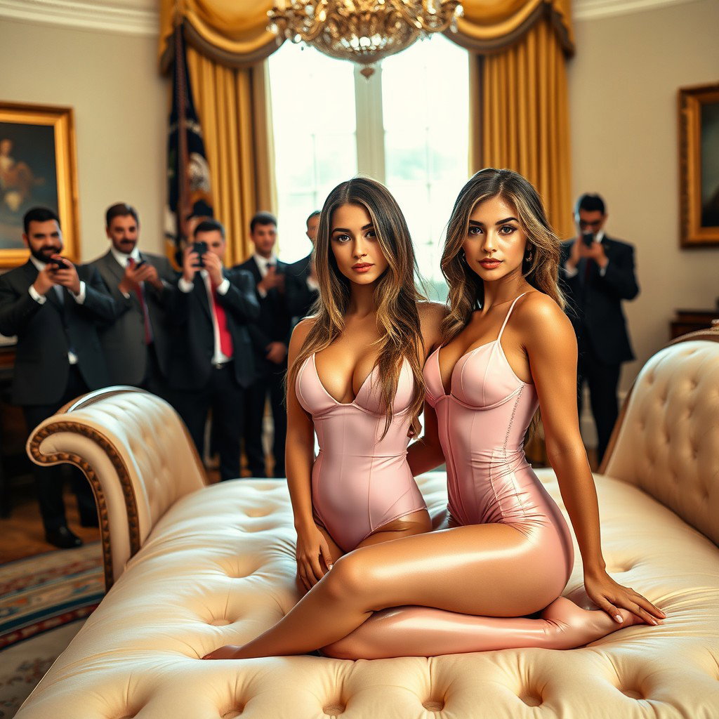 In the grand setting of the Oval Office, an 18-year-old Arabic woman embodies beauty with her stunning thin and petite frame, featuring small breasts, a tiny waist, and very wide hips