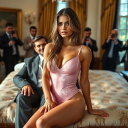 In the illustrious Oval Office, an 18-year-old Arabic woman mesmerizes with her gorgeous thin and petite figure, characterized by small breasts, a tiny waist, and very wide hips