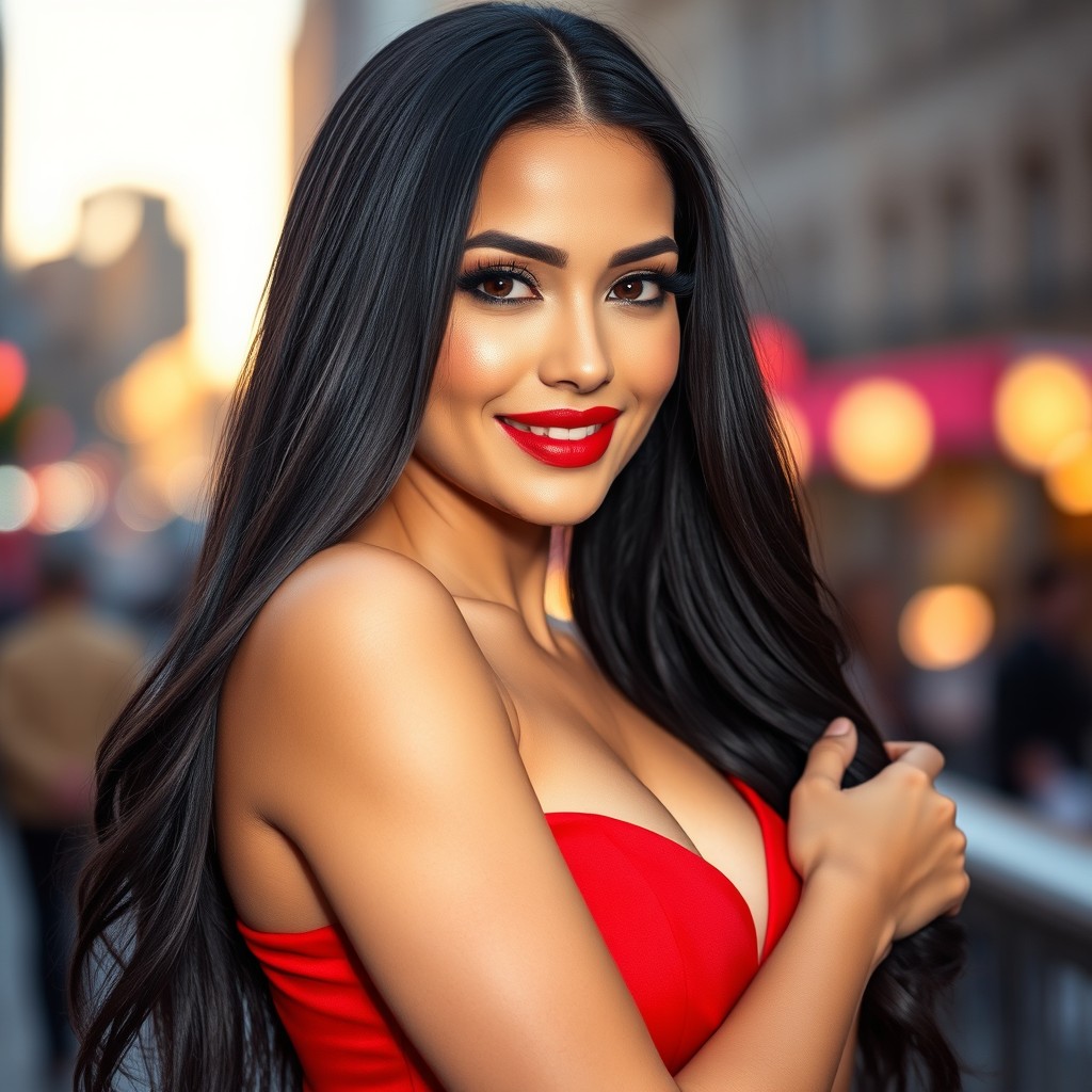 A stunningly attractive woman with long flowing black hair, wearing a fashionable red dress that accentuates her curves