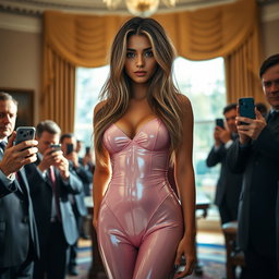 In the iconic Oval Office, an 18-year-old Arabic woman stands out with her gorgeous thin and petite frame, featuring small breasts, a tiny waist, and very wide hips