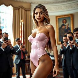 In the iconic Oval Office, an 18-year-old Arabic woman stands out with her gorgeous thin and petite frame, featuring small breasts, a tiny waist, and very wide hips