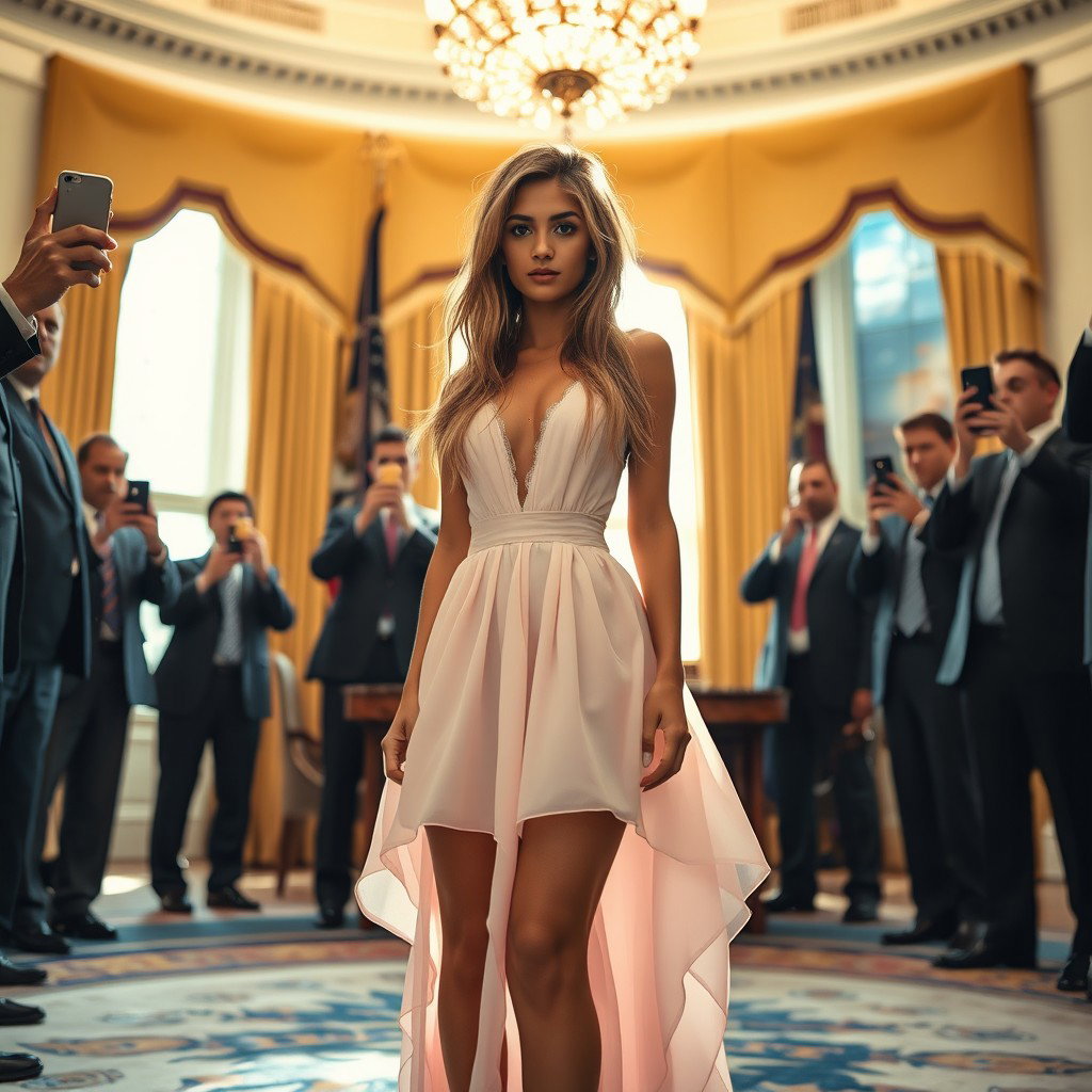In the elegant Oval Office, an 18-year-old Arabic woman stands out with her gorgeous thin and petite frame, characterized by small breasts, a tiny waist, and very wide hips